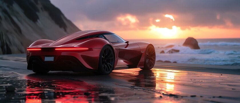 Exotic sports car, sleek design, coastal road at sunset