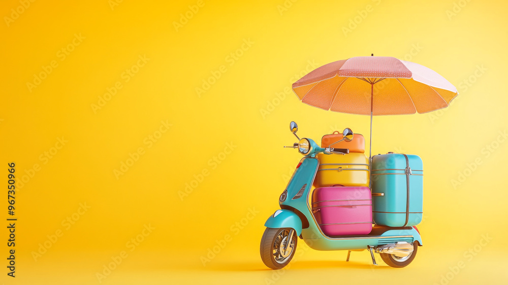 Wall mural travel suitcases on stylish scooter, beach theme