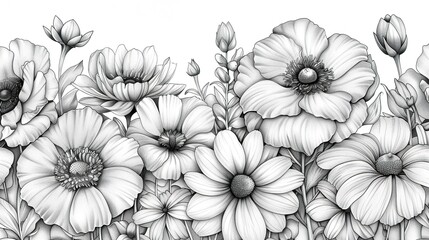 Black Line Hand-Drawn Sketch of Various Flowers on a White Background