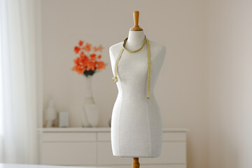 Tailor's mannequin with measuring tape in tranquil sewing room with orange flowers in the background, showcasing elegance in fashion design.