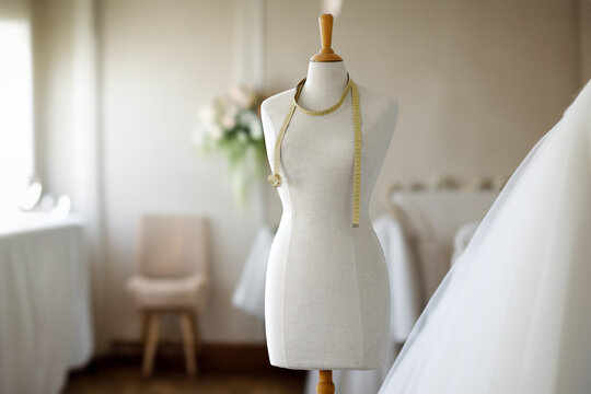 A mannequin with a measuring tape in a well-lit sewing studio, representing tailoring and dressmaking. The scene emits creativity, elegance, and an inspiring atmosphere for garment creation.