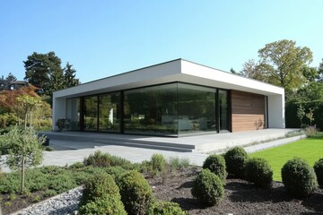 Fototapeta premium Modern house with large glass windows and landscaped garden.