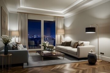 Fototapeta premium Luxury Living Room At Night With Sofa, Floor Lamp And Parquet Floor.