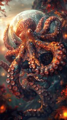 Obraz premium Octopus embracing globe, mystical scene, underwater elements