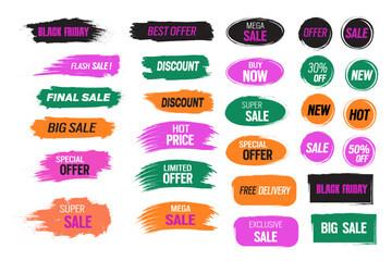 Brush stickers sale. Color paint element, Grunge stroke, Round banner with different promotion badges. Offer tags, Sale label, Shop ribbon. Green, orange, pink, black Vector.