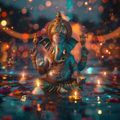 Fototapeta premium Ganesha statue in the water with lights and lamp