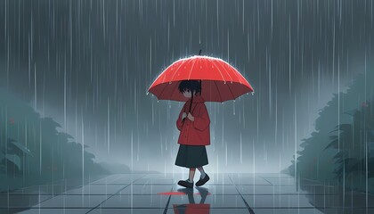 Anime Character Walking Under Red Umbrella, Rain Falling, Lofi Vibes