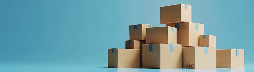 Stacked cardboard boxes, varying sizes, against a blue background, minimalistic and organized, wideangle view 3d render illustration