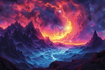 Surreal alien landscape with colorful swirling skies, jagged peaks, and luminous cosmic energy