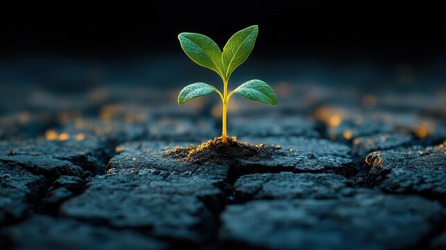 resilient plant sprouting through cracked pavement urban nature triumph hope symbolism microlandscape detail concrete jungle contrast lifes persistence visualization