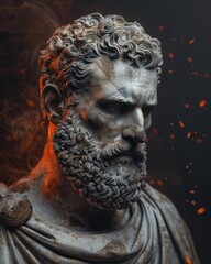 Stoic Figure with Intense Expression and Floating Embers

