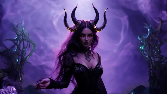 witch Portrait of a woman with dark makeup and black horns, creating a mysterious and otherworldly appearance, perfect for Halloween or fantasy