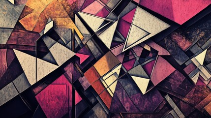 Imagine a geometric abstract design with intricate patterns and sharp angles. The scene includes interlocking shapes in contrasting colors