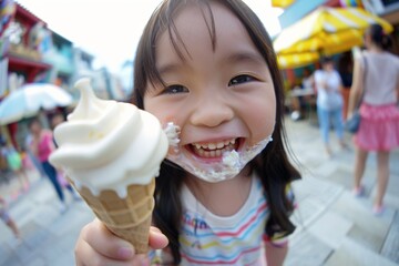 Vibrant atmosphere young girl long hair enjoys her food. Sweet and adorable child enjoying her food blissful smile. Portrait of contentment highlighting human connection food and culture.