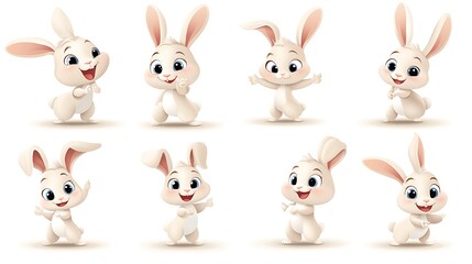 Fototapeta premium A charming collection of cute cartoon rabbits in a variety of playful poses and pastel hues. Great for children’s illustrations and decor. 