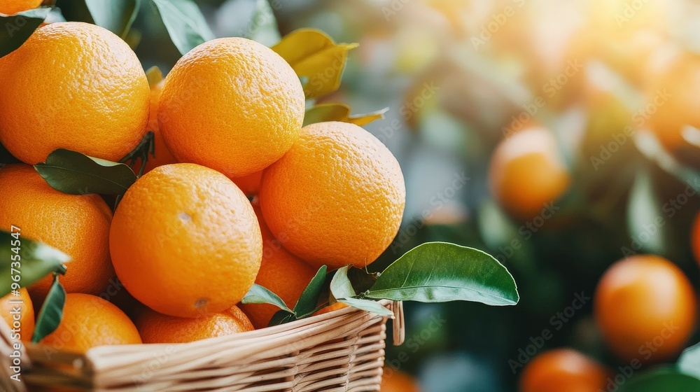 Wall mural A close-up of ripe, juicy oranges (Citrus sinensis) in a market basket, perfect for a refreshing snack