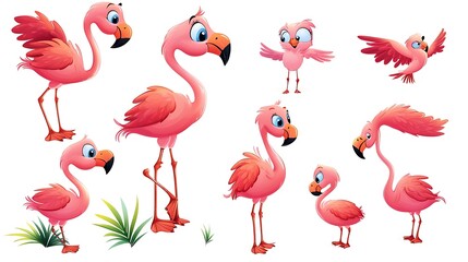 A charming set of cartoon flamingos in colorful standing and flying poses, ideal for tropical and summer-themed illustrations. 