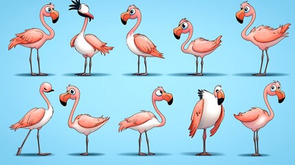 A charming set of cartoon flamingos in colorful standing and flying poses, ideal for tropical and summer-themed illustrations. 