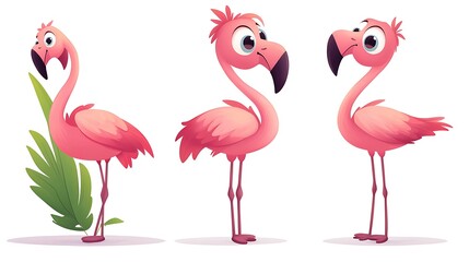 Fototapeta premium A charming set of cartoon flamingos in colorful standing and flying poses, ideal for tropical and summer-themed illustrations. 
