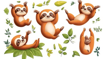 A charming set of cartoon sloths in lazy hanging poses, great for nature and relaxation-themed designs. 