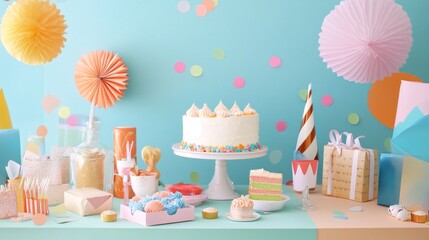 Birthday Party Table Setting with Cake and Gifts