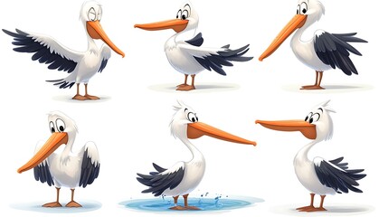 Fototapeta premium A cheerful assortment of cartoon pelicans in flying and diving poses, perfect for ocean and coastal-themed illustrations. 