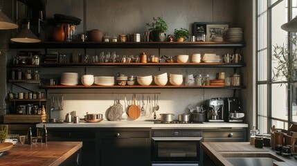 Imagine a kitchen with a large, open shelving system displaying beautiful dishes, cookbooks, and decorative items