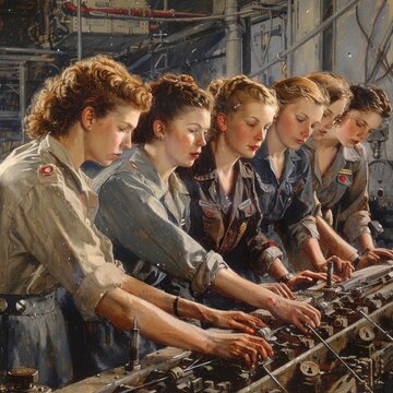 Illustration of women in World War II working in a factory assembling aircraft, wearing period factory uniforms, highlighting their vital role in the war effort and shifting workforce dynamics.

