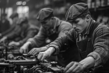 Black and white illustration of workers in flat caps and overalls assembling machinery in a gritty factory, capturing the labor-intensive tasks and harsh environment of the Industrial Revolution.

