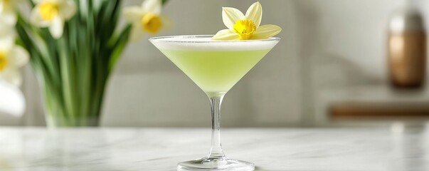 Elegant green cocktail adorned with a daffodil flower in a sophisticated glass setting on a marble backdrop