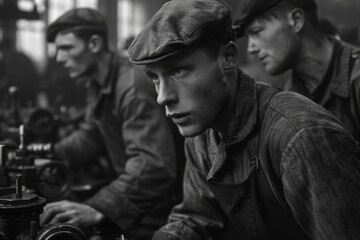 Fototapeta premium Black and white illustration of workers in flat caps and overalls assembling machinery in a gritty factory, capturing the labor-intensive tasks and harsh environment of the Industrial Revolution.