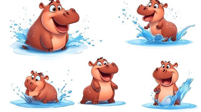 A cheerful set of cartoon hippos in playful water-splashing poses, great for animal and zoo-themed projects. 