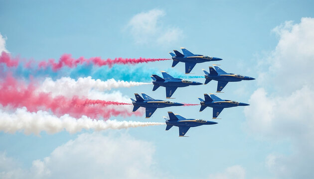 Four blue jets perform a precision maneuver in clear skies, leaving red, white, and blue smoke trails.








