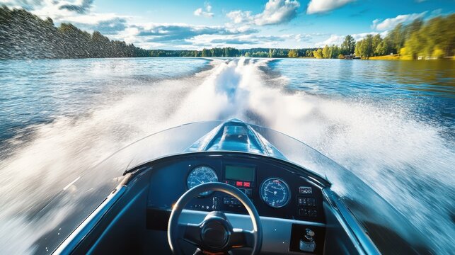 Speedboat pilot racing across a choppy lake with dynamic action and excitement as water splashes rise dramatically around the vessel on a sunny day.