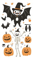 Fototapeta premium This playful Halloween vector assortment showcases whimsical pumpkins, a playful skeleton, and flying bats ideal for festive decorations