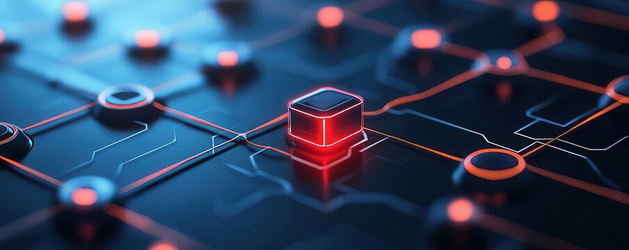 Digital network with highlighted data nodes, one node glowing red to indicate an anomaly, showcasing realtime detection in cybersecurity