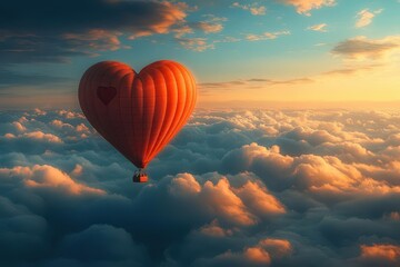 Fototapeta premium romantic red heartshaped hot air balloon drifts through wispy clouds soft lighting and dreamy atmosphere evoke feelings of love and celebration