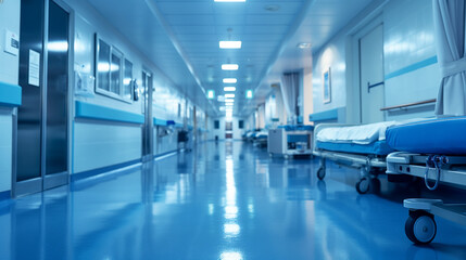 Empty hospital corridor with medical equipment and beds in a clean sterile environment