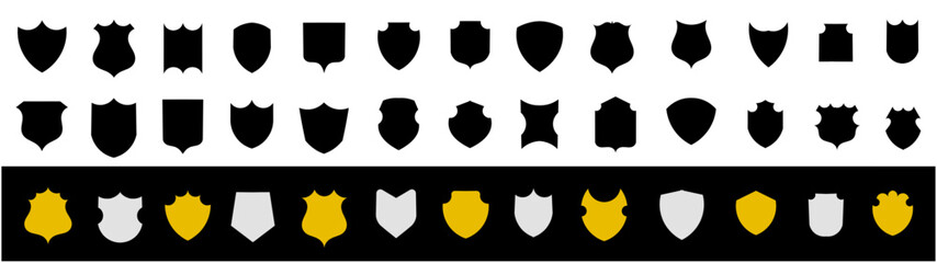 Shield icon. Heraldic shield set. Black and gold colour signs. Protect shapes silhouette. Vector illustration