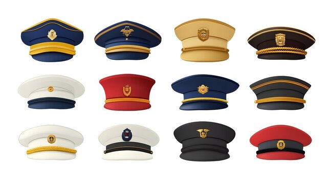 set collection of stylish navy ship military captain or high rank army general and police officer security guard hat in different colors, isolated on white png transparent background