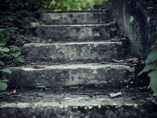 Worn Stone Steps Ascending Through Lush Green Landscape - Serene Natural Pathway with Weathered Concrete, Moss, and Leaves in Tranquil Environment - Evoking Nostalgia and Exploration Themes
