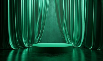 An Empty Podium Set Against a Background of Emerald Green Curtains Provides a Striking Platform for Your Product Showcase Display