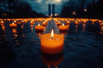 rows of flickering candles forming twin tower silhouettes against night sky solemn memorial reflective atmosphere