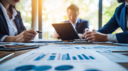 Imagine a real estate negotiation session between buyers and sellers. The setting includes a conference room with documents