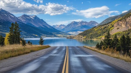 Naklejka premium Imagine a road leading to a tranquil lakeside retreat, with the calm waters reflecting the surrounding mountains and sky