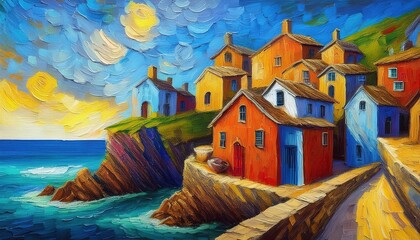 Colorful coastal stone houses in a vibrant digital painting