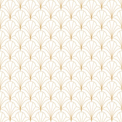 Art Deco seamless pattern with gold fan shapes and multiple lines, vector illustration background.