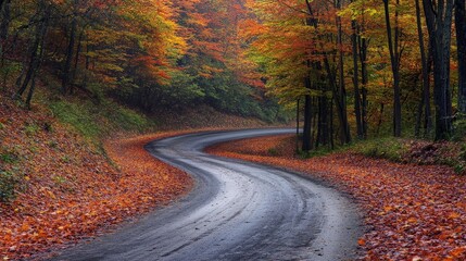 Obraz premium Imagine a road through a vibrant autumn forest, with the foliage creating a stunning display of colors.