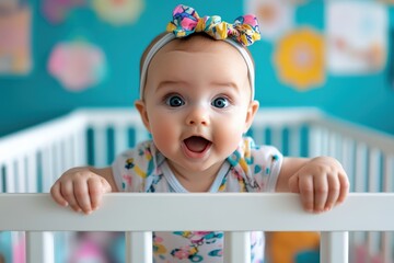 Happy baby with a colorful bow headband, smiling brightly, leaning on a white crib with playful, vibrant nursery decor in the background and a joyful expression.