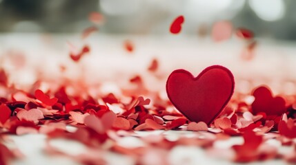 Obraz premium Imagine a romantic anniversary celebration with heart-shaped confetti scattered across the table.